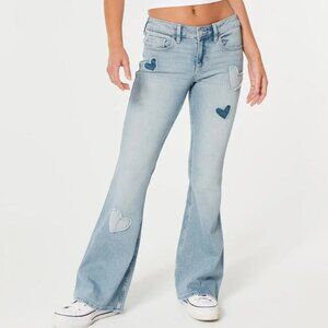 HOLLISTER LOW-RISE FLARE JEANS HEART PATCHES VINTAGE STRETCH HIPPIE BOHO 12 / 31